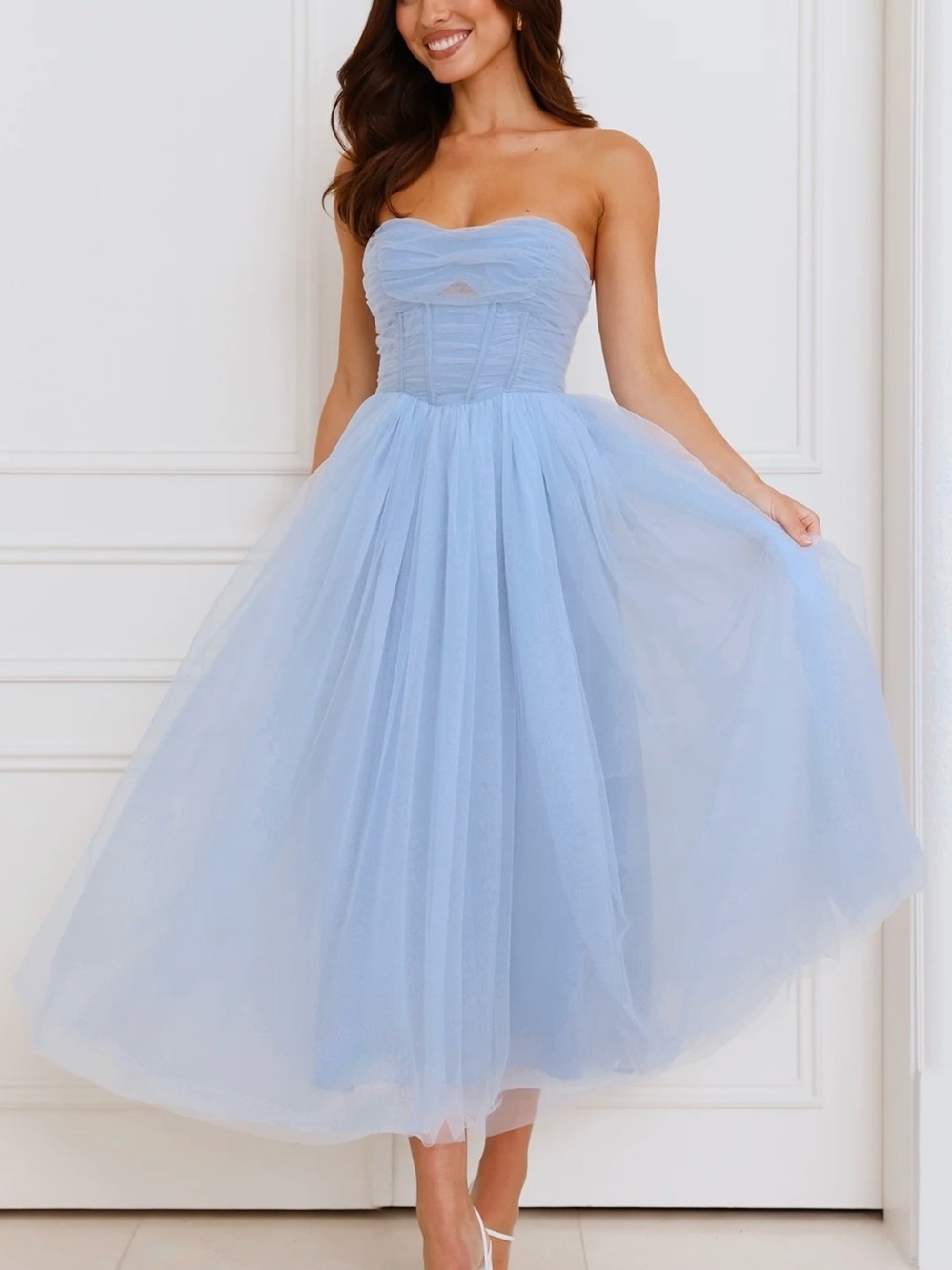 Hello Molly Powder Blue Strapless Tulle Midi Dress